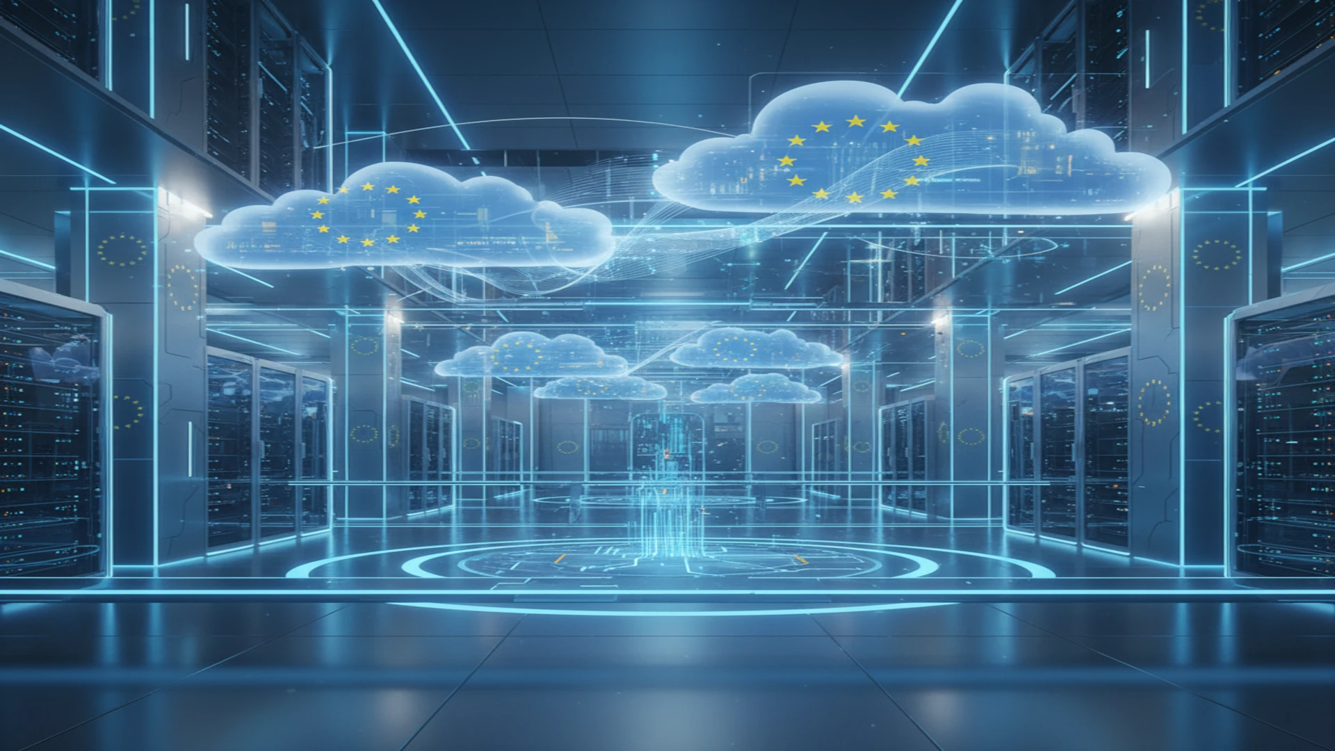 data center européen interconnecté avec des nuages numériques en surimpression représentant le cloud hybride.