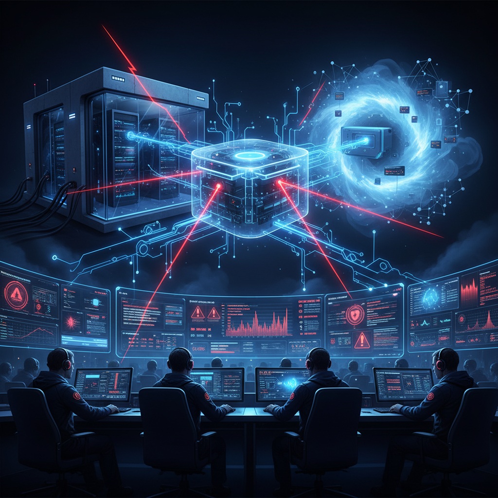 Schéma illustrant les cybermenaces liées à l’interconnexion entre cloud public et privé