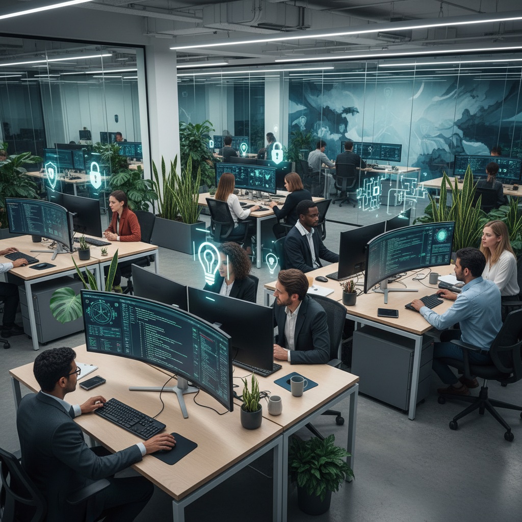 Scène dynamique où des professionnels IT travaillent ensemble dans un bureau high-tech. Sur les écrans : codes applicatifs, réseaux Linux/Windows, indicateurs de supervision et icônes Zero Trust. L’ambiance lumineuse met l’accent sur la cybersécurité et la digitalisation, illustrant l’innovation et la gestion proactive des systèmes informatiques.