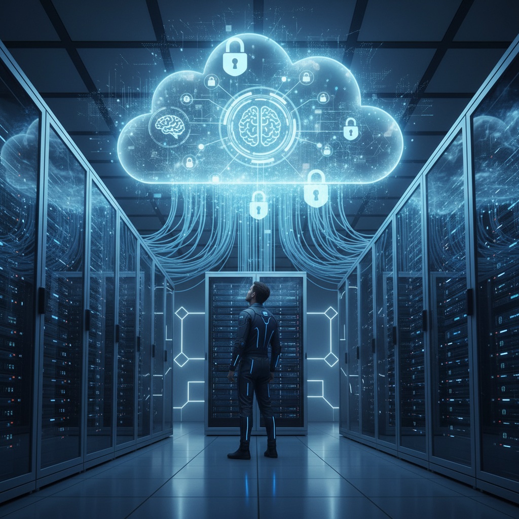 Un homme qui regarde un cloud au dessus de lui avec des cadenas pour représenter la cybersécurité du cloud computing.